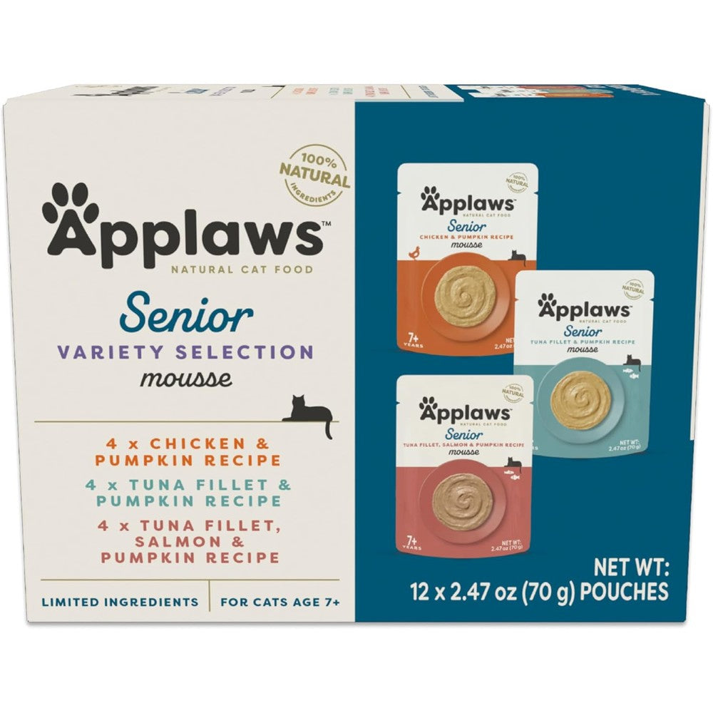 Applaws senior wet cat food mousse variety pack front packaging view for mature feline nutrition.