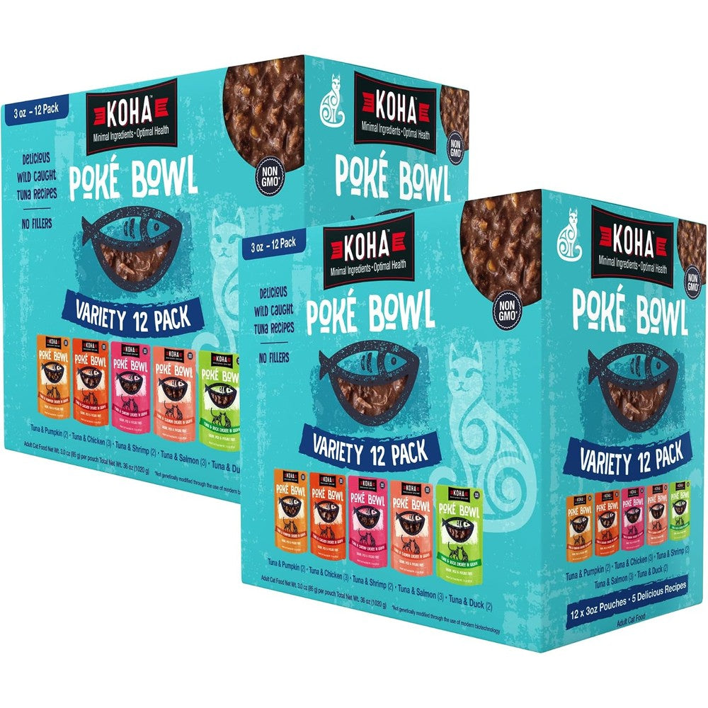 KOHA Pet Food Poke Bowl Cat Variety Pack front view of the packaging box showing the selection of five wet cat food flavors.