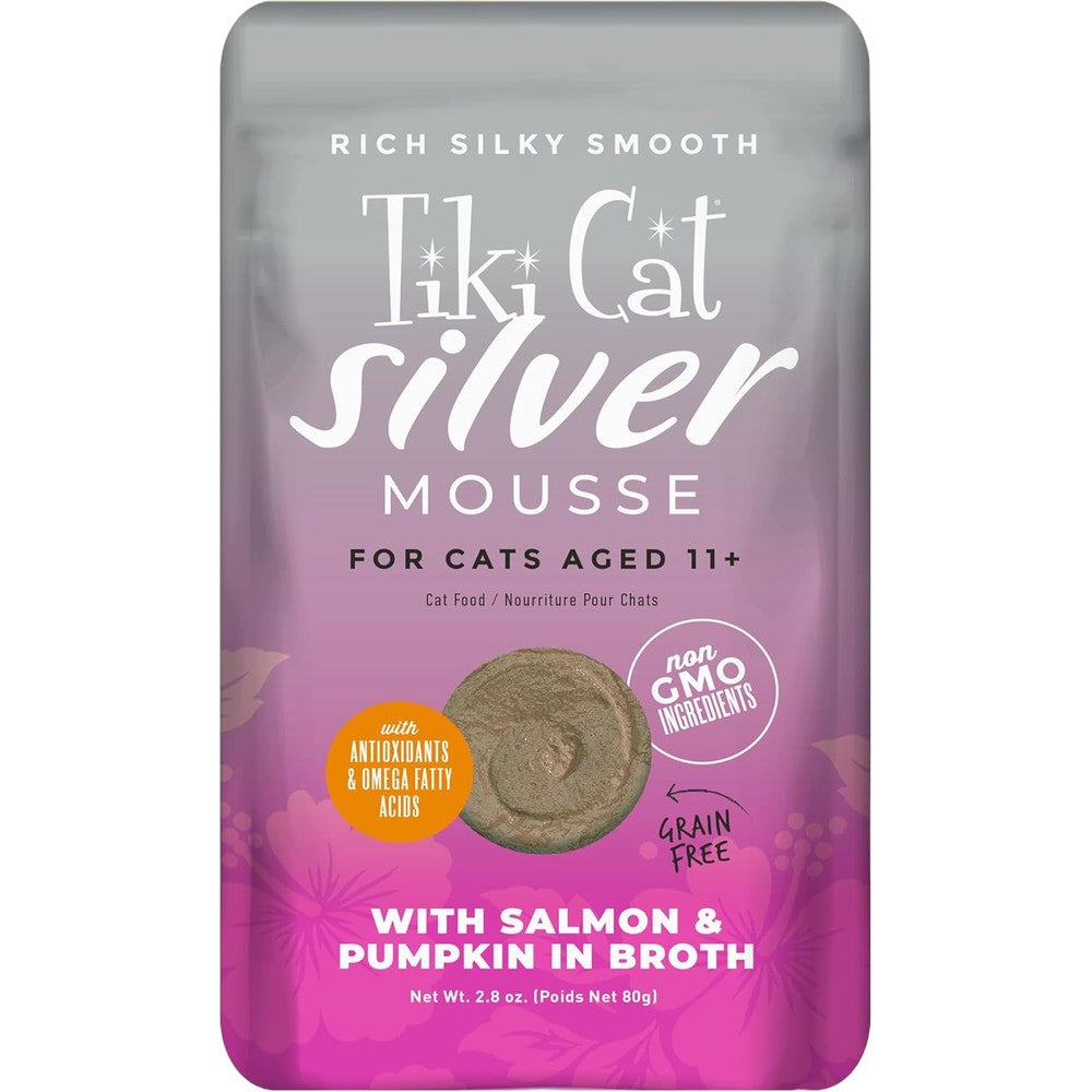 Tiki Cat Silver Mousse Salmon and Pumpkin senior wet cat food front pouch packaging