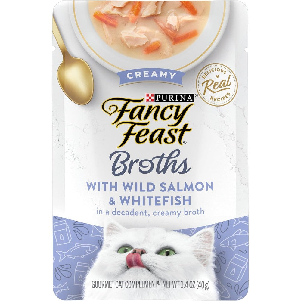 Purina Fancy Feast Creamy Broth front view pack of sixteen pouches