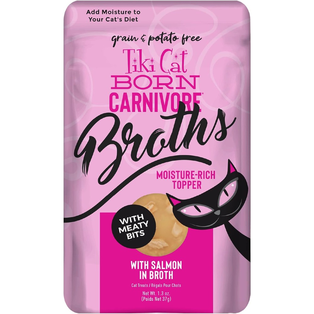 Tiki Pets Tiki Cat Born Carnivore Salmon Broth pouch front view premium cat food topper