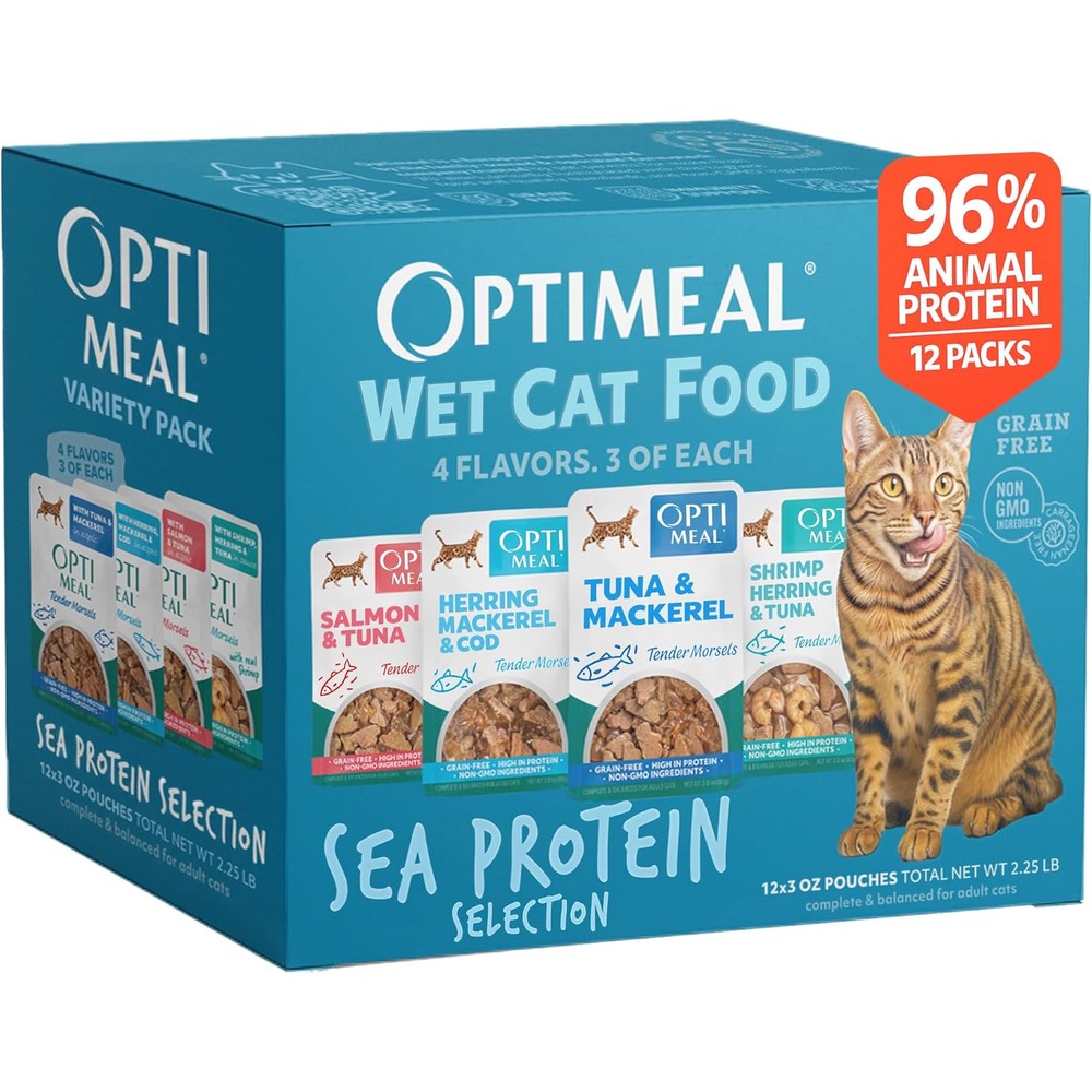Optimeal wet cat food variety pack front view of packaging box