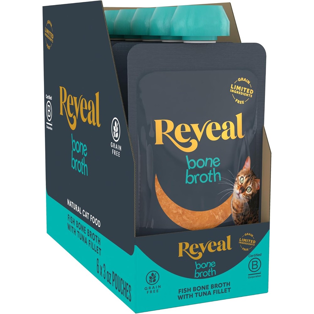 Reveal Tuna Fillet Bone Broth Cat Food Topper front view of the resealable pouch.
