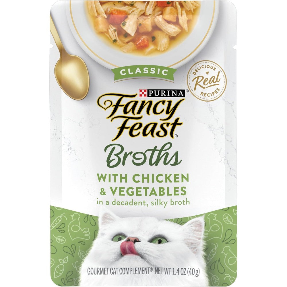 Purina Fancy Feast Broths Classic Chicken and Vegetables front view premium cat food topper.