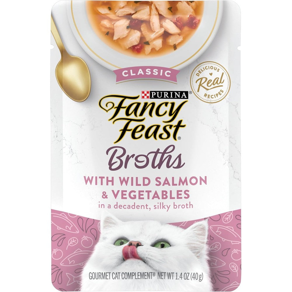 Purina Fancy Feast wild salmon and vegetables cat food broth complement front view packaging
