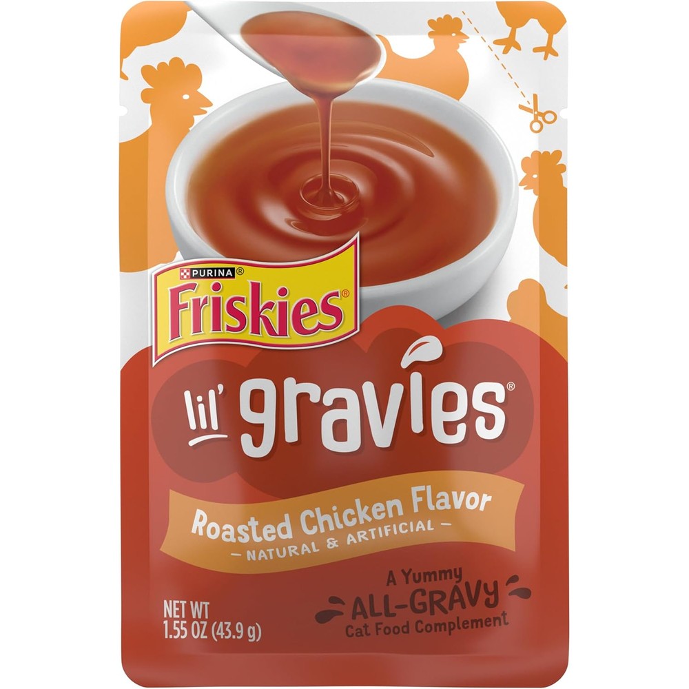 Purina Friskies Lil Gravies Roasted Chicken Flavor Cat Food front view of premium lickable treat pouch