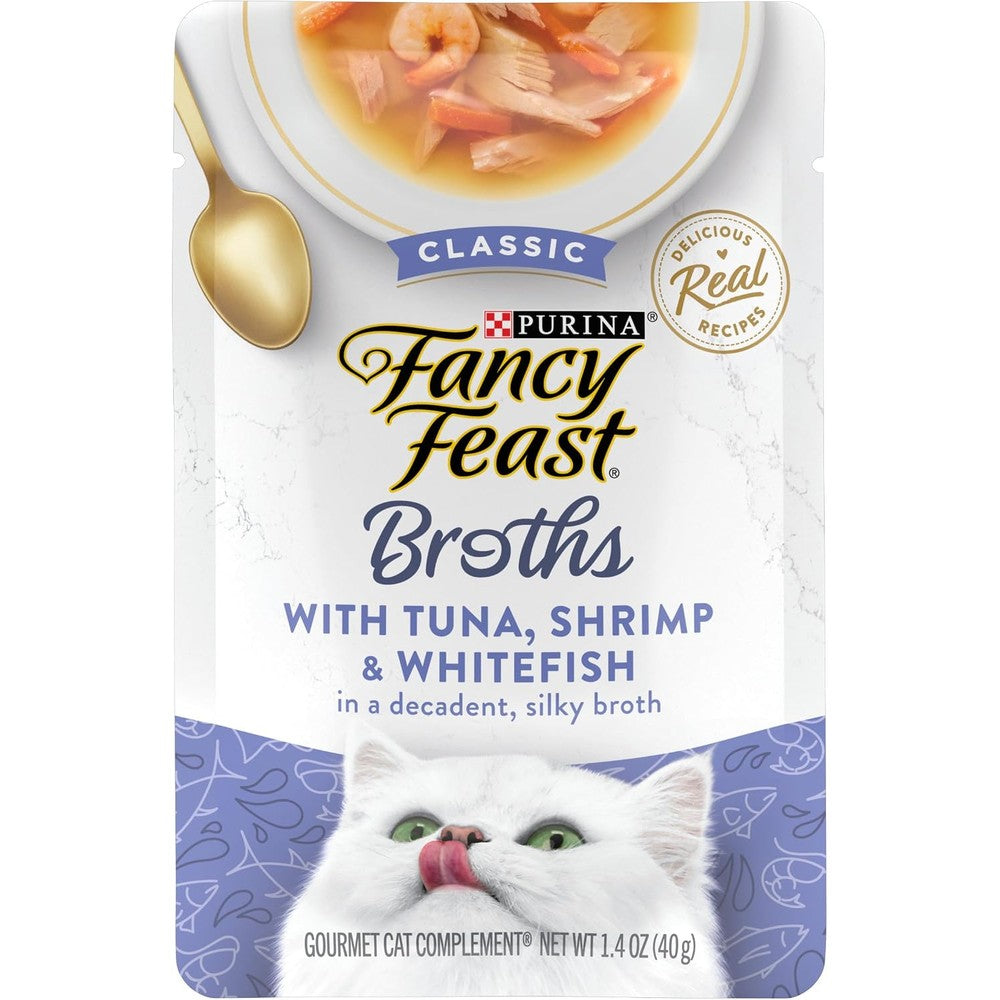 Purina Fancy Feast Broths Tuna Shrimp Whitefish Front View Cat Food Topper