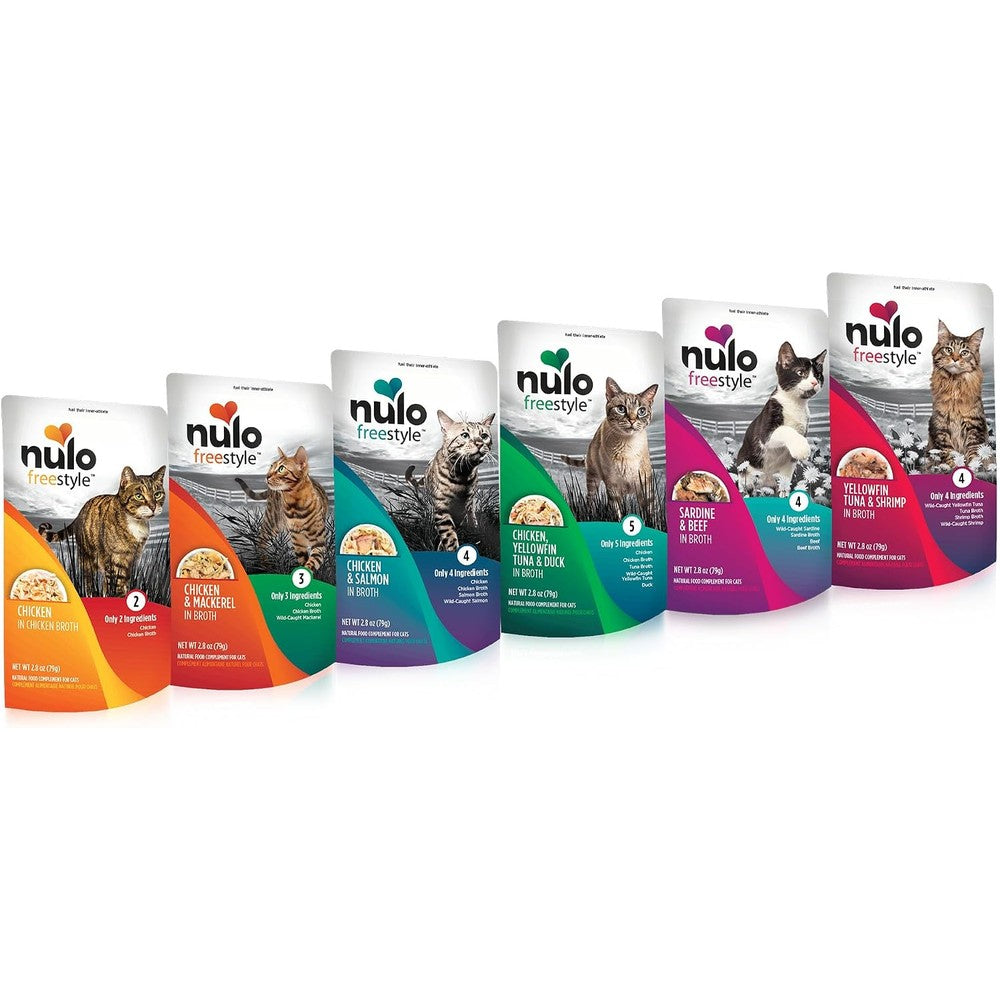 Nulo Freestyle Wet Cat Food Broth Pouches Variety Pack front view showing genuine imported packaging