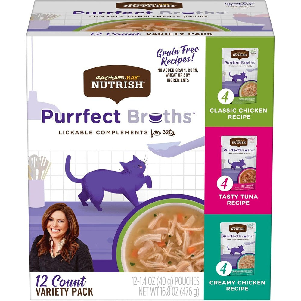 Rachael Ray Nutrish Purrfect Broths box front view containing variety pack flavors