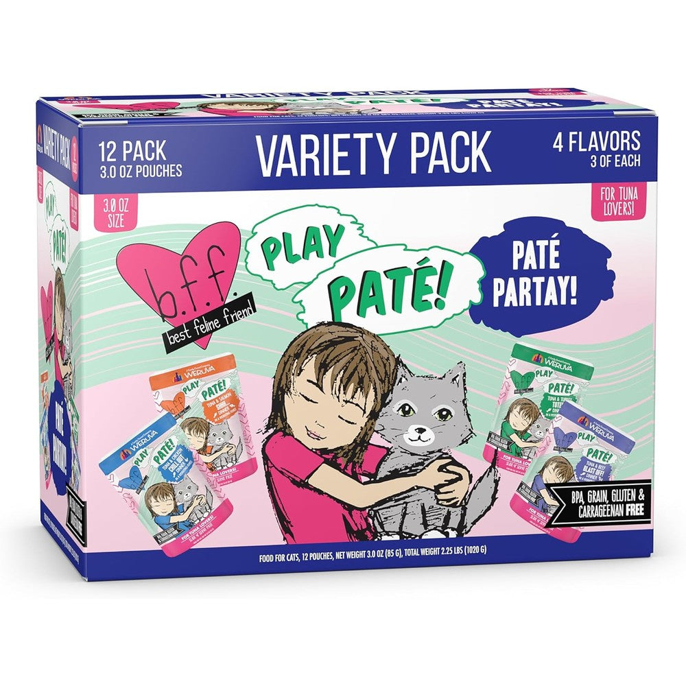 Weruva Best Feline Friend Play Pate Partay Variety Pack front view showing twelve pouches of grain free wet cat food.