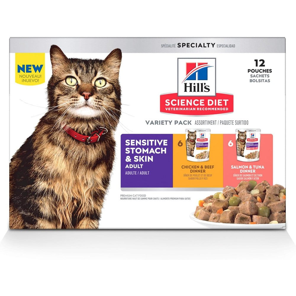 Hill's Science Diet Adult Sensitive Stomach and Skin Wet Cat Food Variety Pack front view of the 12-pack box.
