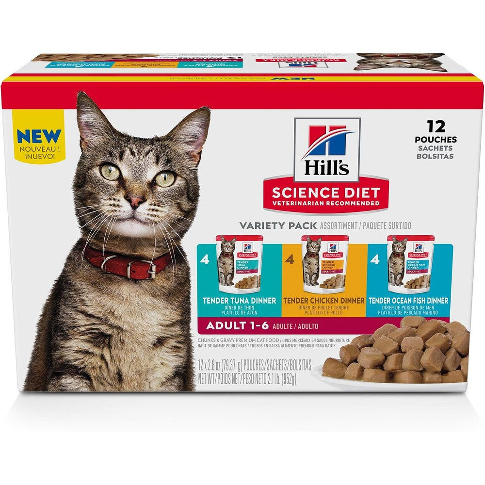 Hill's Science Diet adult wet cat food variety pack front view showing the product packaging.