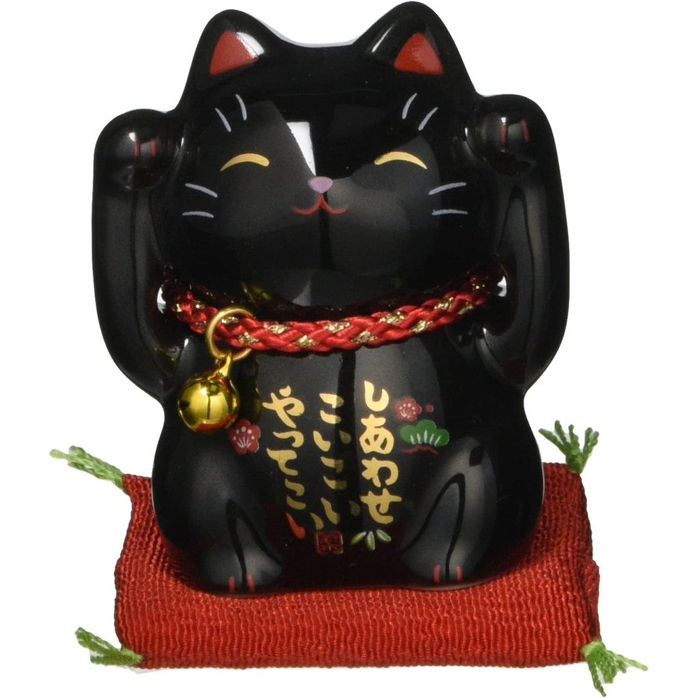 Yakushigama Lucky Cat Model 7533 Black front view showcasing both paws raised on a red cushion.