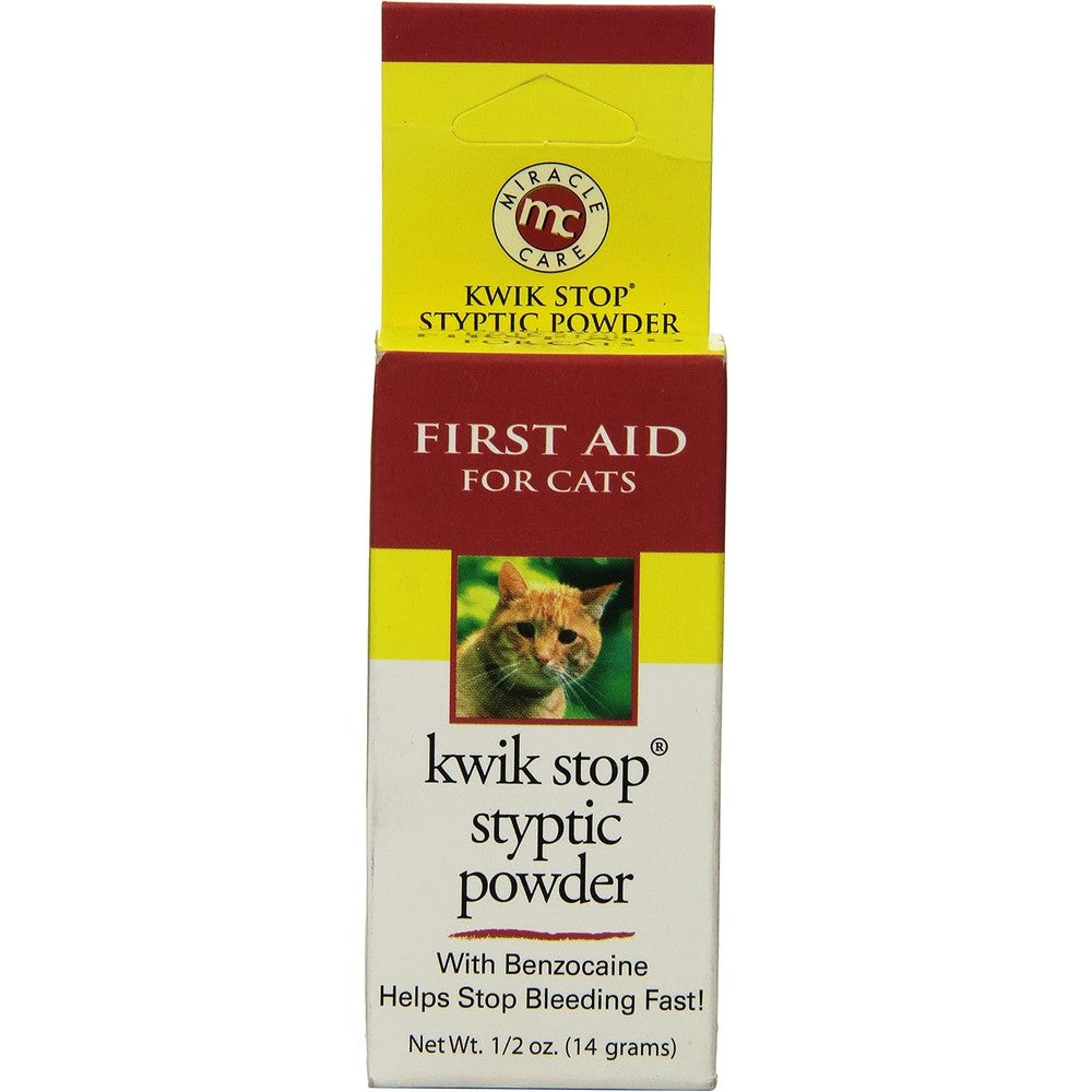 Gimborn Kwik Stop Styptic Powder for Cats front packaging showing 0.5 Ounce bottle.