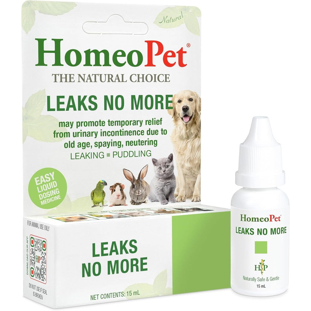 HomeoPet Leaks No More 15 Milliliters bottle front view for pet urinary incontinence relief