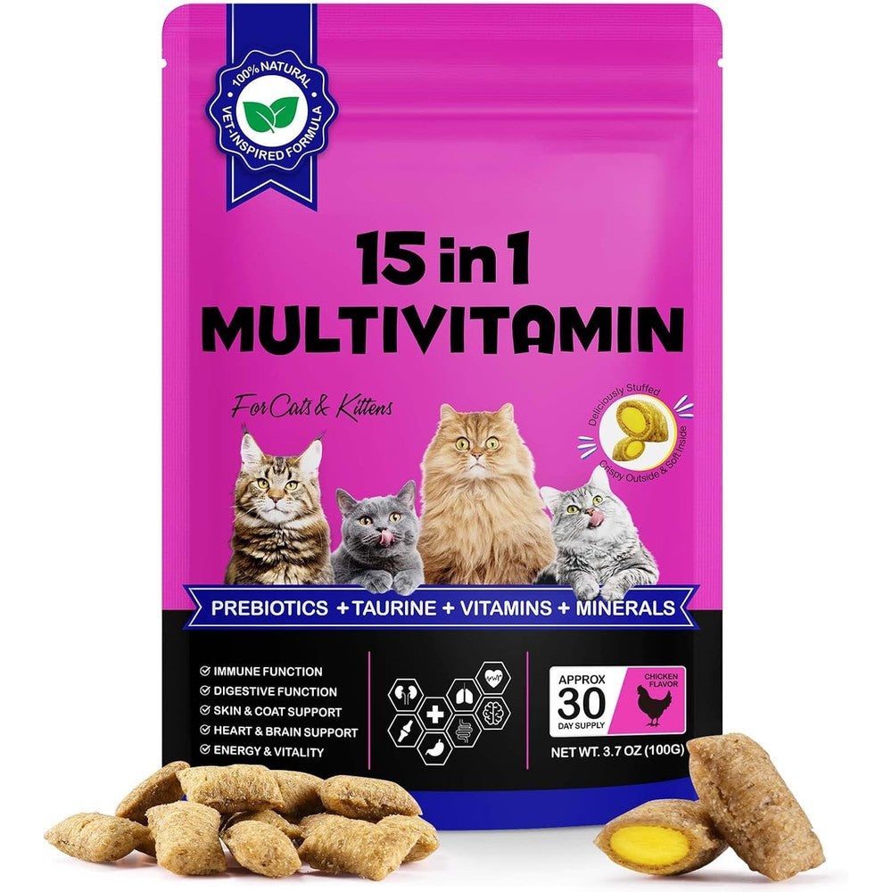 Dropy 15 in 1 cat multivitamin crunchy and creamy chews front package view showing chicken flavor details.