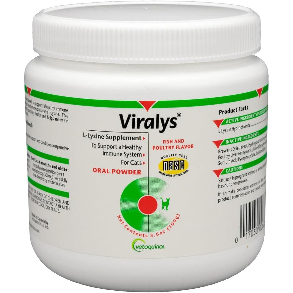 Vetoquinol Viralys L-Lysine powder container front view for cats