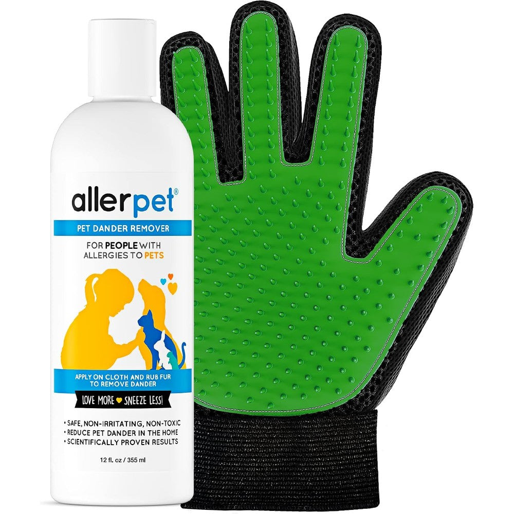 Allerpet Multi Pet Dander Remover front view bottle with green grooming glove
