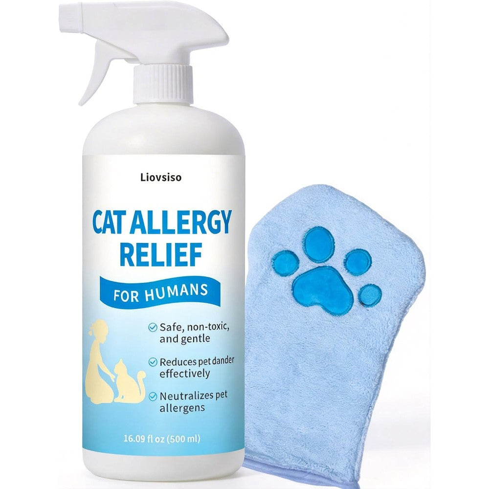 Liovsiso cat allergen spray front view sixteen ounce bottle with application mitt