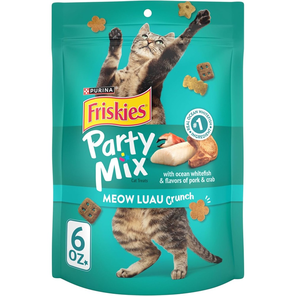 Purina Friskies Made In USA Facilities Cat Treats Party Mix Meow Luau Crunch Seafood Pork And Crab Flavors Pack Of Six Six Ounce Pouches