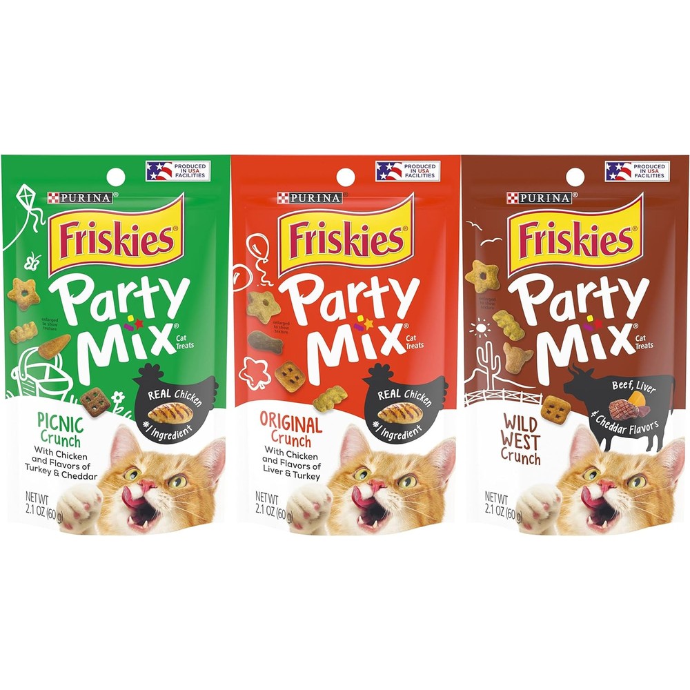 Purina Friskies Cat Treat Party Mix Love Pack Crunchy Adult Cat Treats Variety Pack Includes Three Two Point One Ounce Pouches