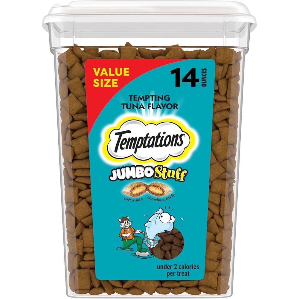 Temptations Jumbo Stuff Crunchy And Soft Cat Treats Tempting Tuna Flavor Fourteen Ounce Tub