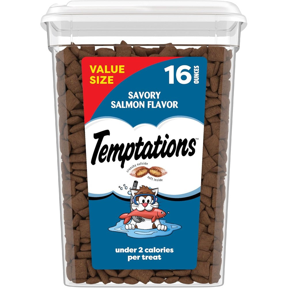 Temptations Classic Crunchy And Soft Cat Treats Savory Salmon Flavor Premium Pocket Snacks For Adult Cats Packed In A Sixteen Ounce Tub