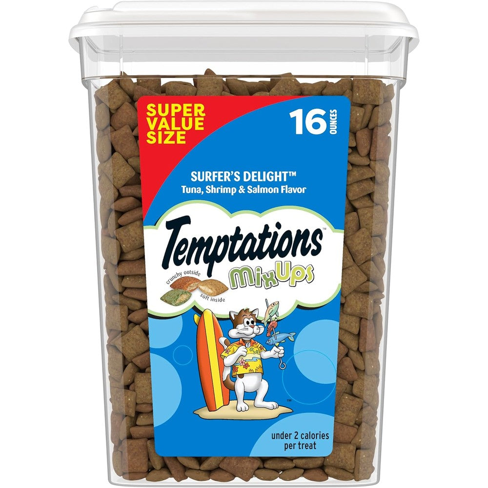 Temptations MixUps Surfers Delight Tuna Shrimp And Salmon Flavor Crunchy And Soft Cat Treats Pack For Felines 16 Ounce Resealable Tub