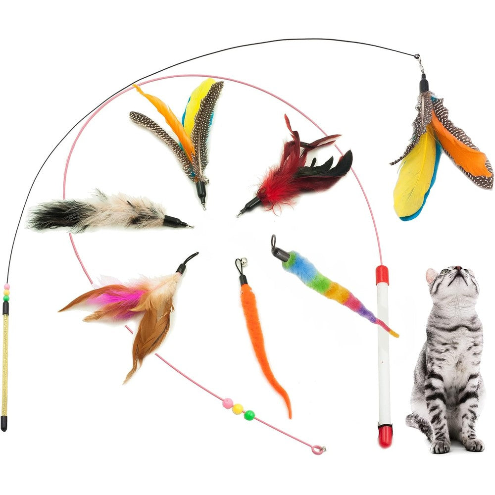 Fashion's Talk Feather Wire Wand Cat Toy front view showing the complete interactive play set with wands and colorful attachments.