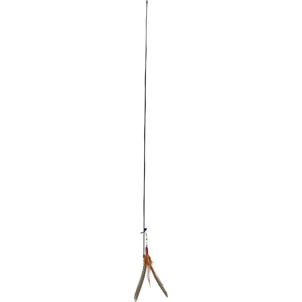 Go Cat Da Bird Single Pole Teaser front view showing the thirty six inch rod and authentic guinea feathers.