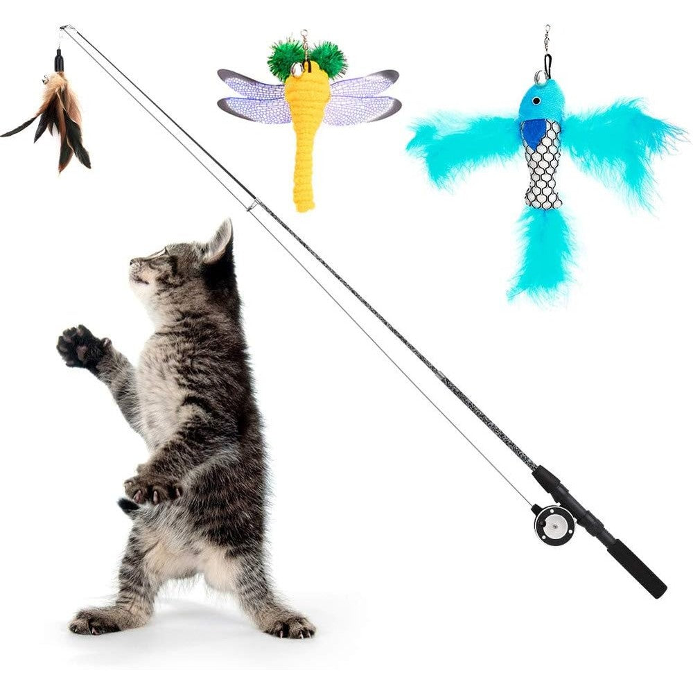 Pawababoo cat feather teaser wand toy package front view showcasing interactive retractable fishing pole.