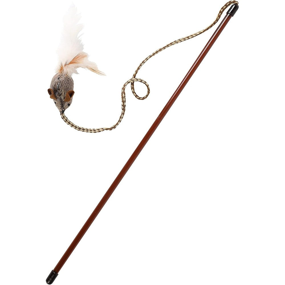 Our Pets Play-N-Squeak Tethered and Feathered Cat Wand Toy front view showcasing plush mouse and white feathers.