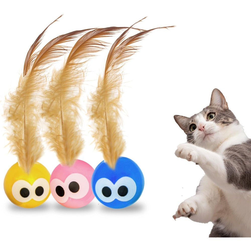 Bouncy Tails cat ball toy with natural feathers front view during interactive play