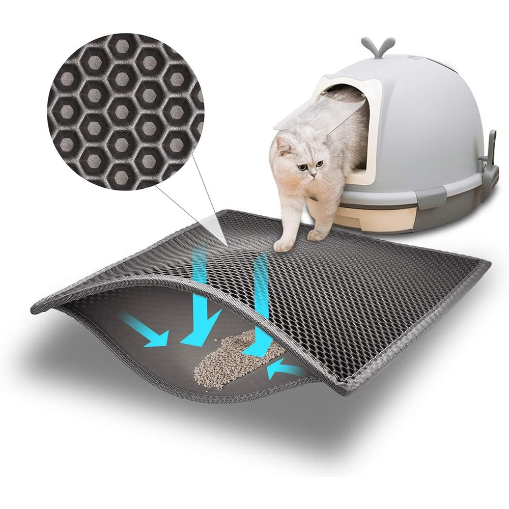 Pieviev Cat Litter Mat front view of grey honeycomb double-layer design.