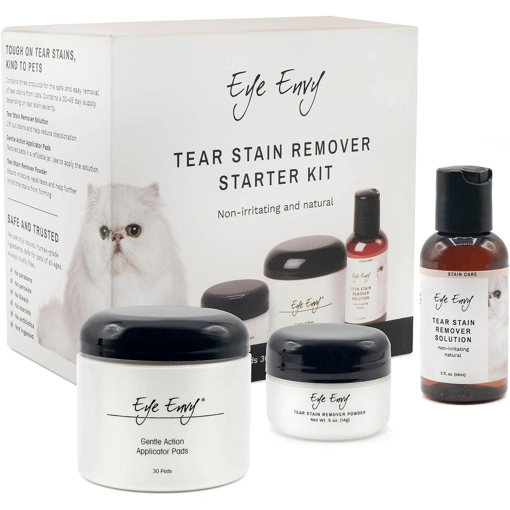 Eye Envy Cat Tear Stain Remover Starter Kit front view showing solution powder and pads