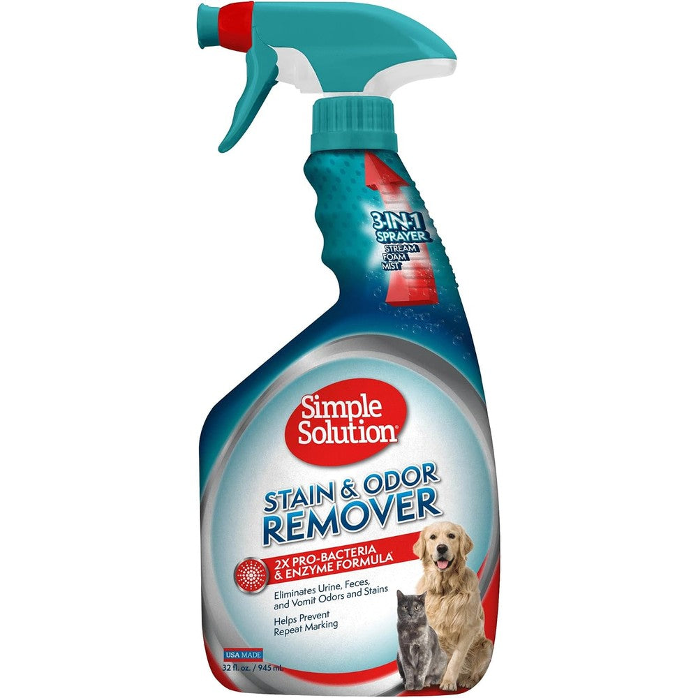 Simple Solution Pet Stain and Odor Eliminator front view bottle on a clean carpet