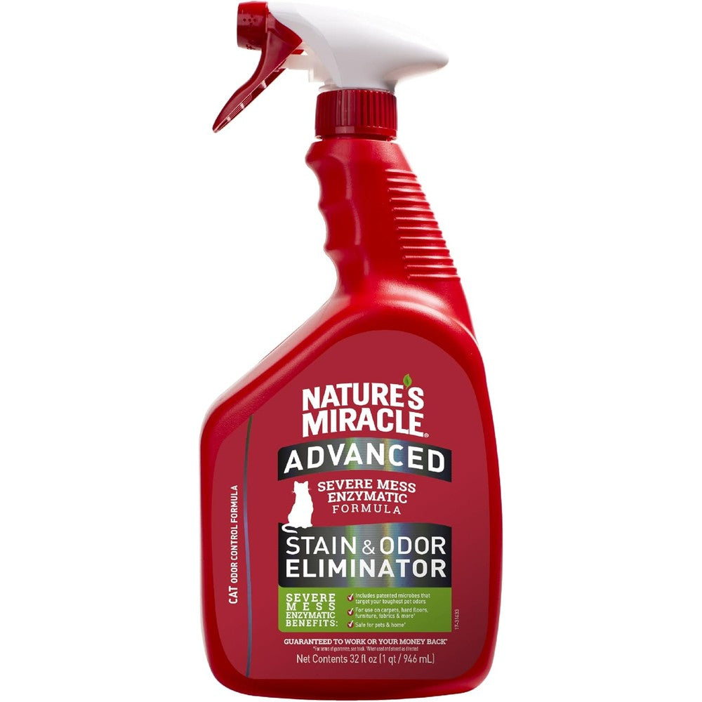 Nature's Miracle Advanced Cat Stain and Odor Eliminator Spray front view of the thirty two fluid ounce bottle.