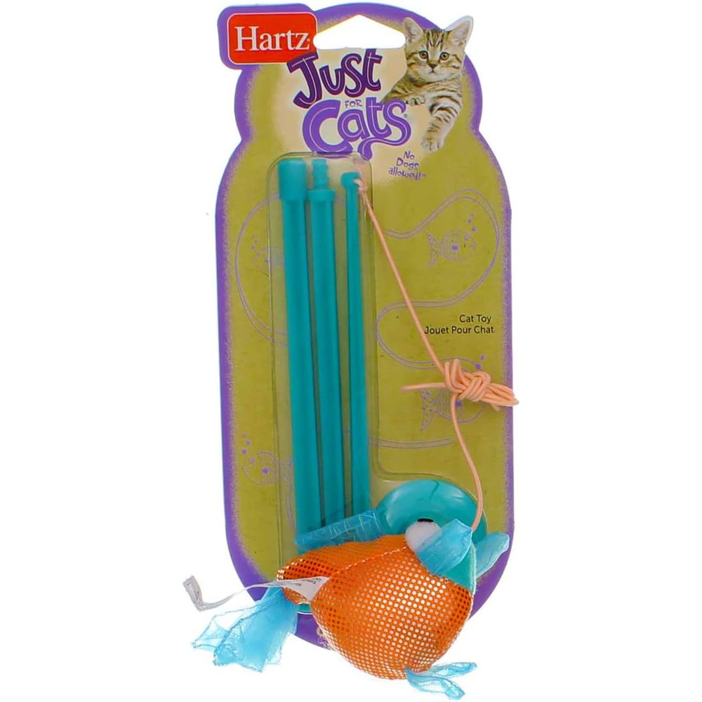 Hartz Just for Cats Gone Fishin cat toy front packaging view featuring the colorful plush fish lure.