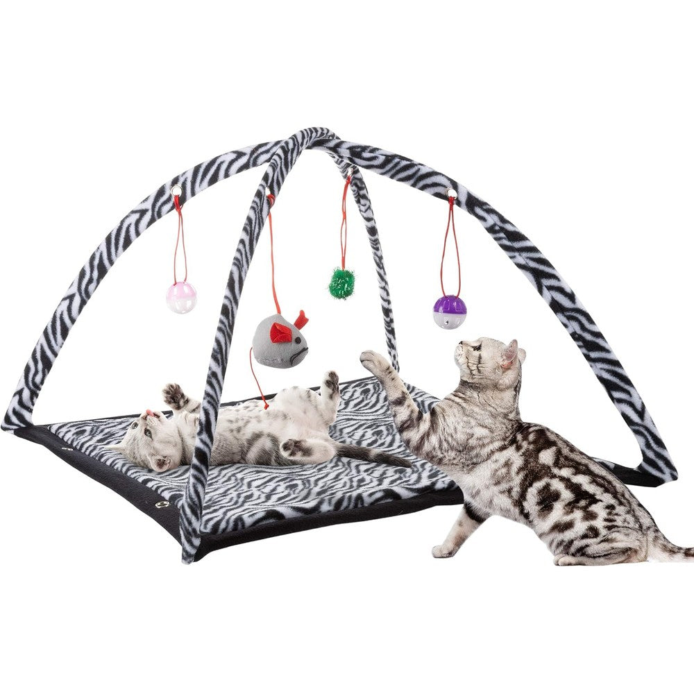 Petmaker Cat Activity Center front view featuring the zebra print fleece mat and hanging toys.