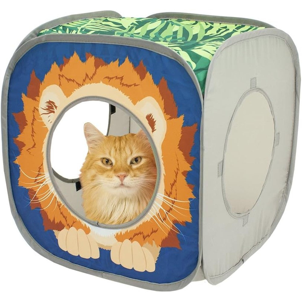 Kitty City Safari Jungle Pop-Up Cat Cube front view showing the tiger print pattern
