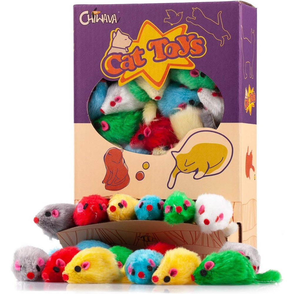 Chiwava 36 piece furry cat toy mice box front view with assorted colorful toys