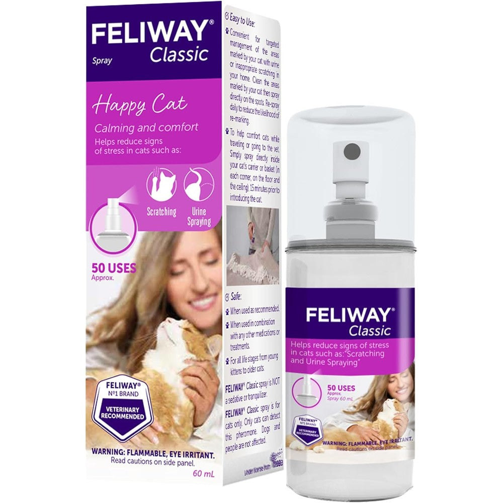 FELIWAY Classic Cat Calming Spray 60ml front view showing the packaging and spray bottle.