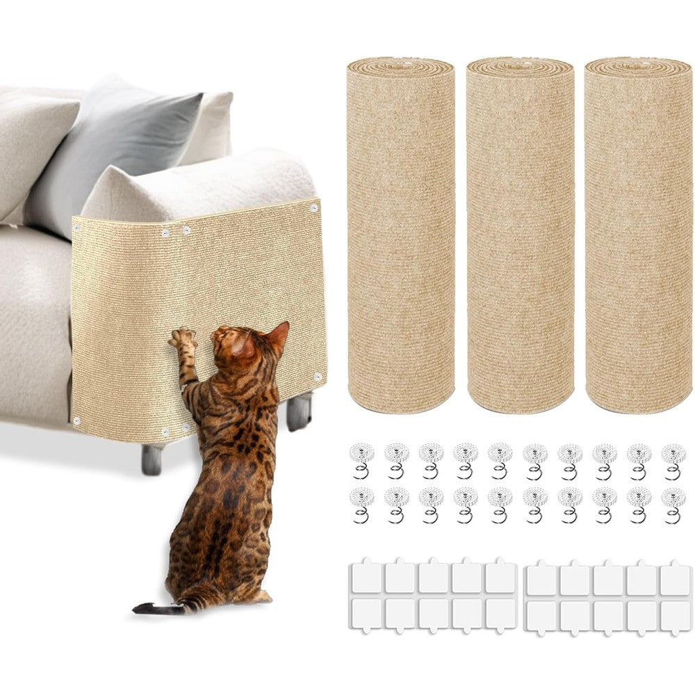 TEBANTY DIY Trimmable Self Adhesive Cat Scratching Mat Couch Protector From Cats Claws Beige 39.4 Inches By 11.9 Inches 3 Pieces
