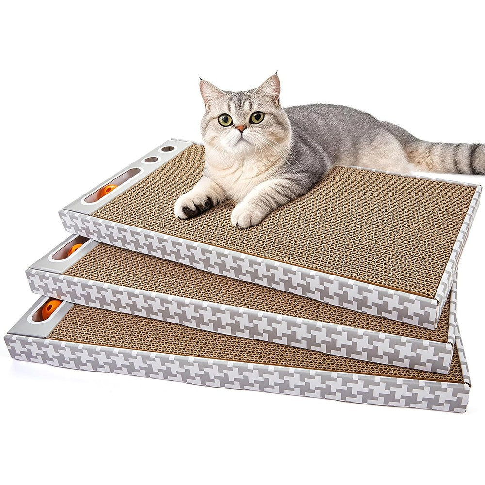 Markarbarka Cat Scratching Board Three Pack Reversible Cardboard Scratcher For Indoor Cats Wide Boxed Scratch Pads With Bell Ball