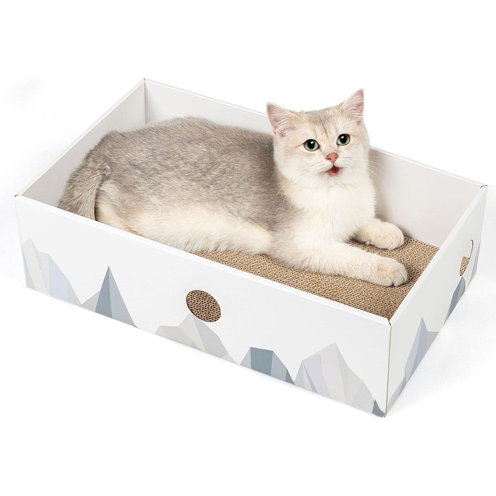Conlun Cat Scratcher Box with Heavy Duty Double Sided Cardboard Scratching Pad Lounger Bed and Interactive Hole Design for Indoor Cats White Large