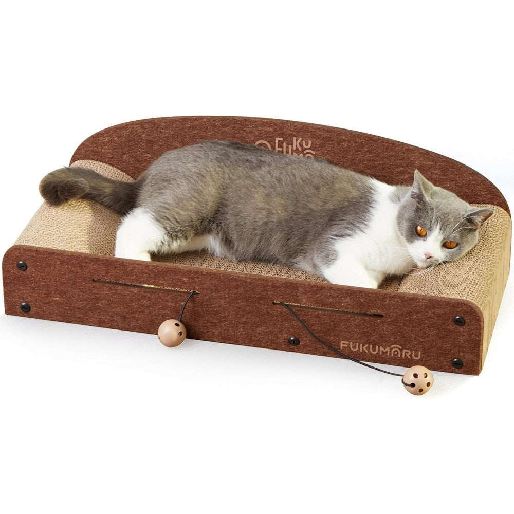 FUKUMARU 26 Inches Cat Scratcher Cardboard Lounge Bed With Two Reversible Scratching Pads And Interactive Bell Toy Caramel Large