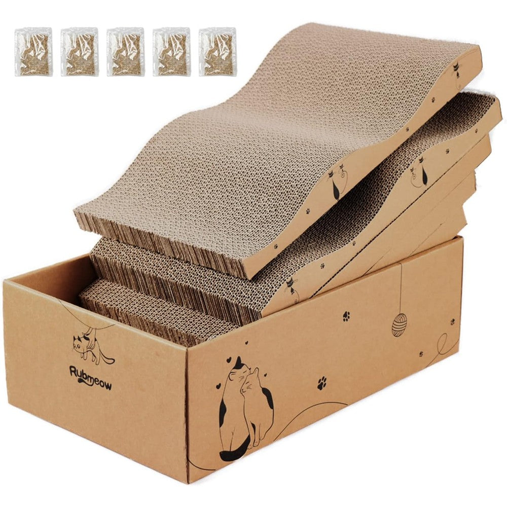 RUBMEOW Cat Scratcher Cardboard Scratch Pad Box For Indoor Cats 5 Pieces Reversible Corrugated Scratching Board Bed Lounge With Catnip
