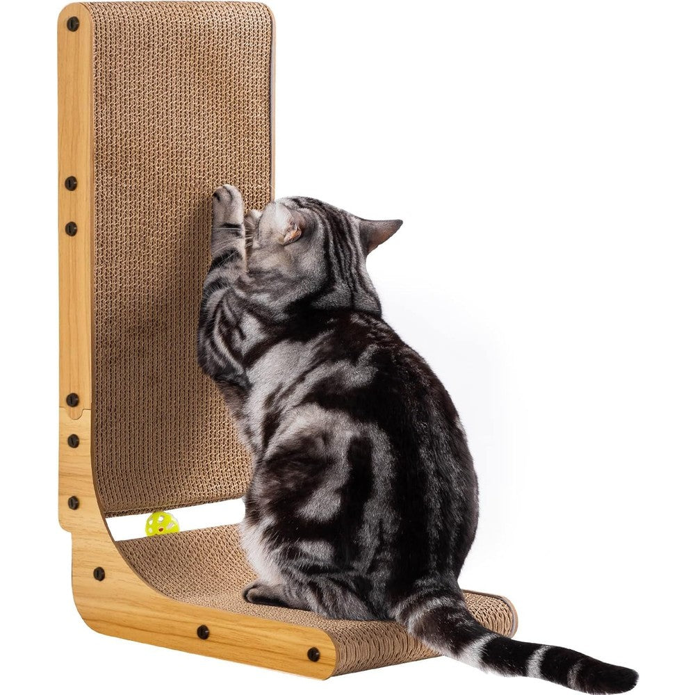 Poils Bebe L Shape Cat Scratcher For Indoor Cats Large Cardboard Scratch Pad With Interactive Ball Toy And Catnip 26.8 Inches