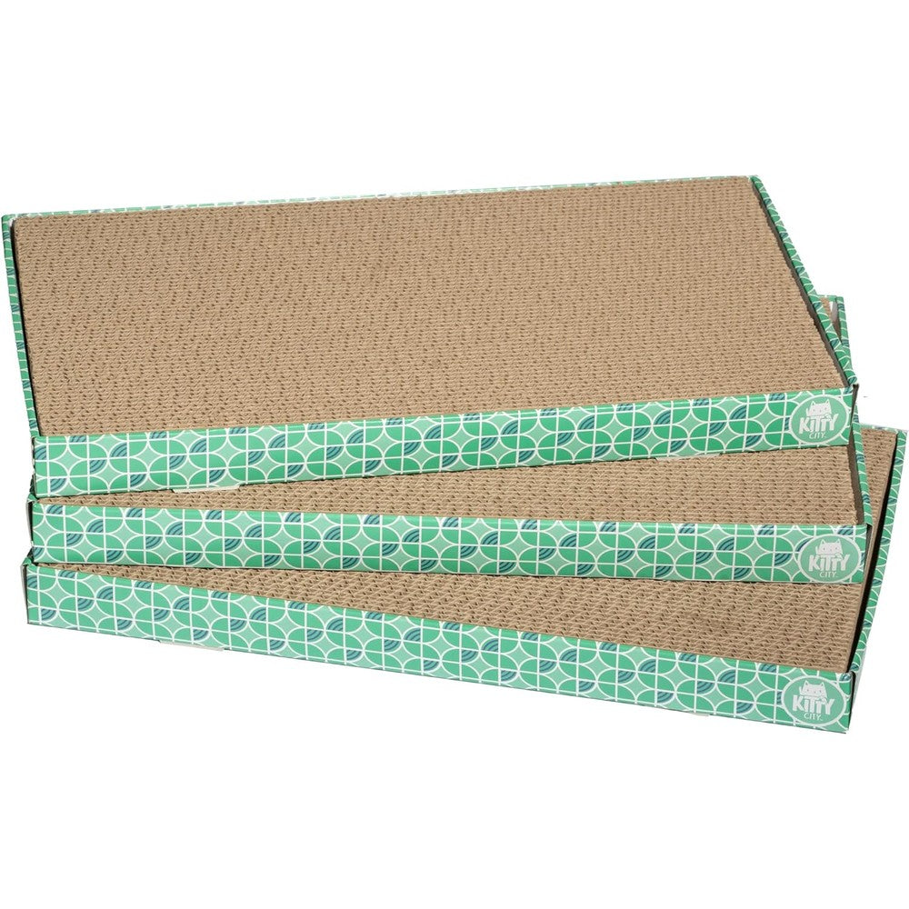 Kitty City Extra Large Wide Corrugated Cat Scratchers Three Piece Set Reversible Cardboard Cat Scratching Pads With Door Clips And Catnip