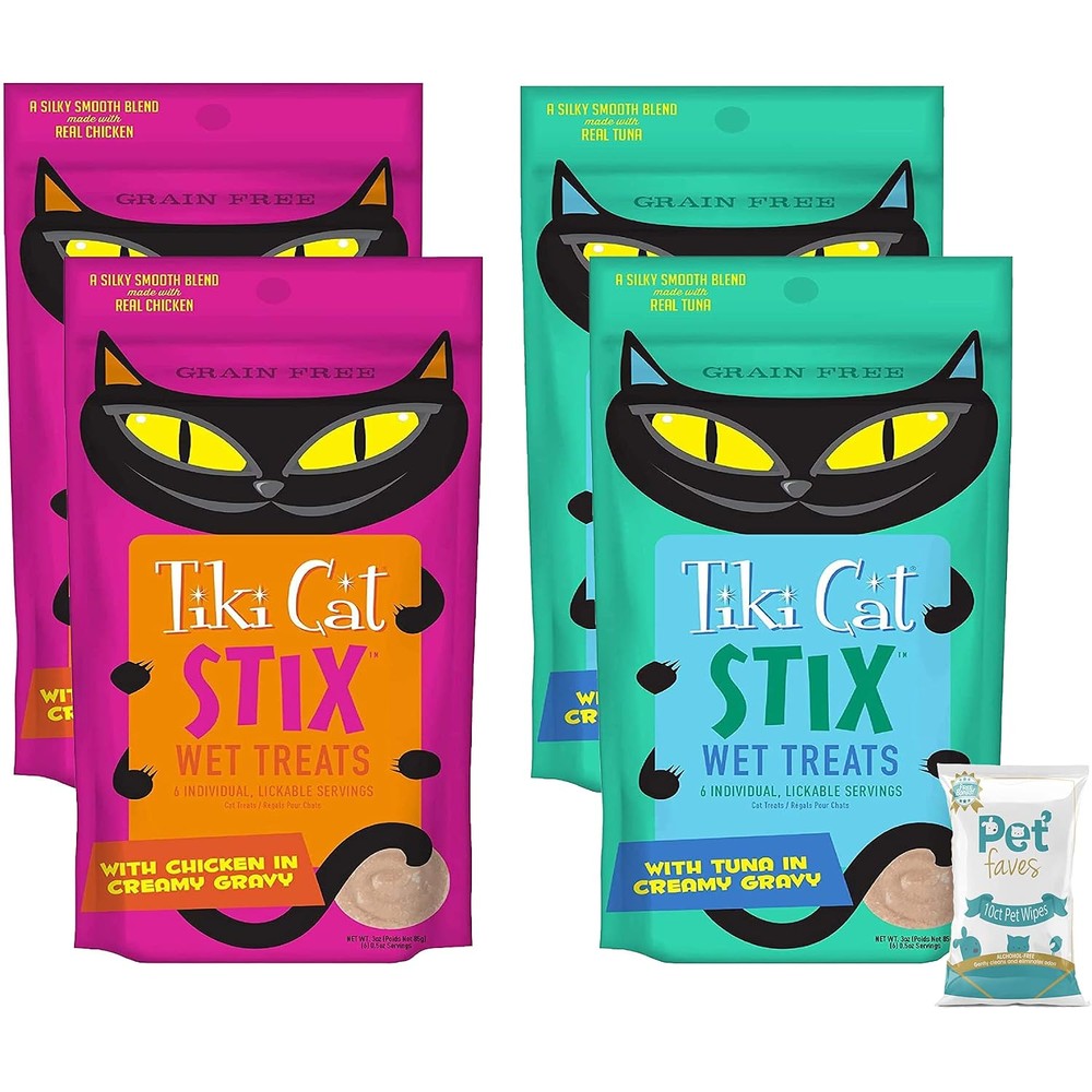 Tiki Pets Tiki Cat Stix Wet Cat Treats Grain Free Silky Smooth Blend In Tuna And Chicken Creamy Gravy With 10 Count Pet Wipes